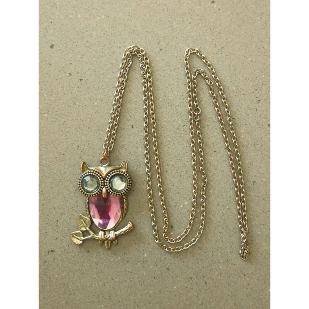 Vintage Style Owl Pendant Necklace Pink Rhinestone Crystal Eyes
